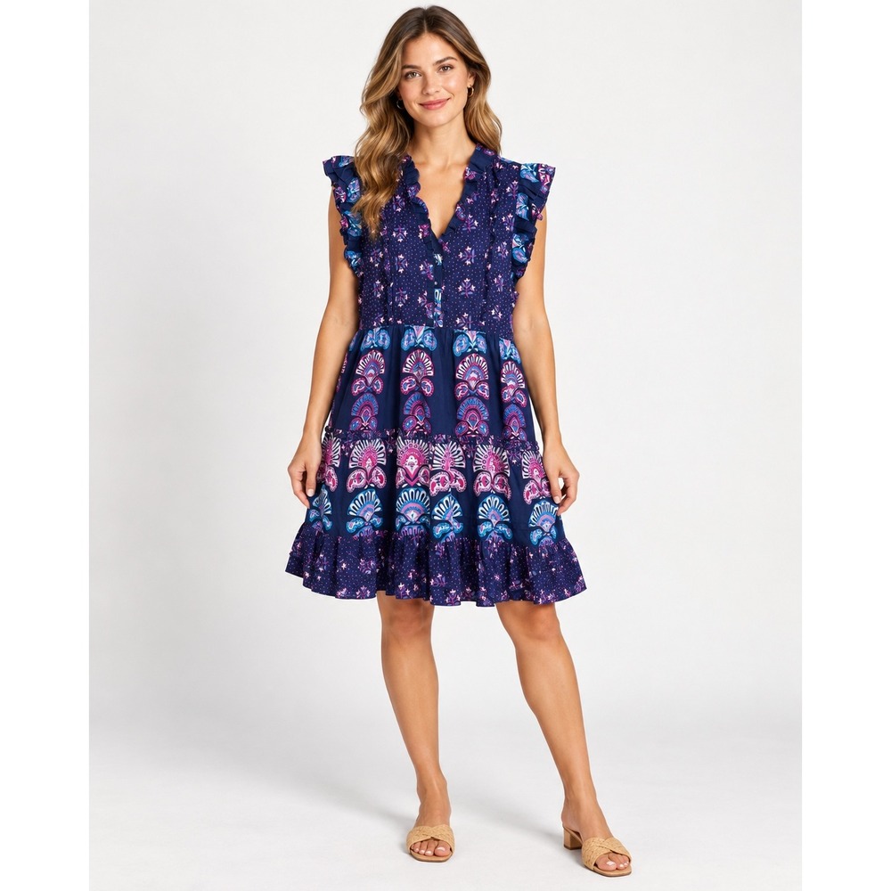 Caroline Constas Mini Dress Womens M Navy Blue Boho Ruffle Tiered Floral EUC